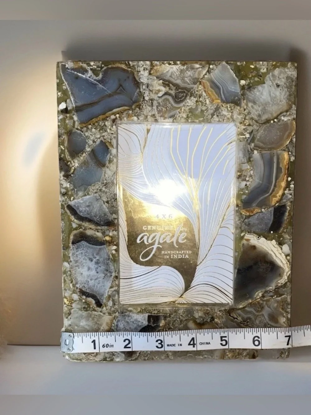 Handmade Indian Agate Inlay Healing Crystal 4x6 Picture Frame Boho Decor NWT 7x9